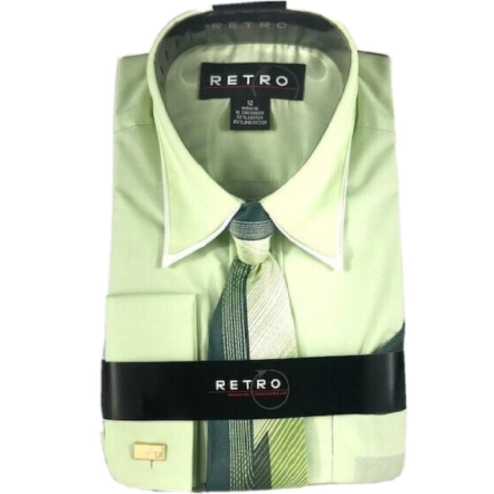 Retro Boys Green Dress Shirt Green Tie Hanky Set Double Collar Size 12